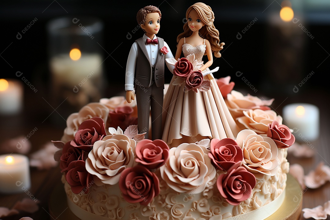 Figuras dos noivos em um bolo de casamento