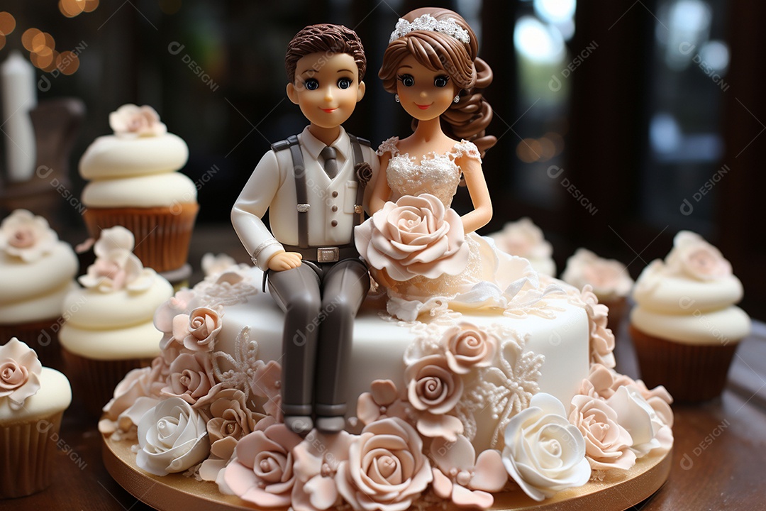 Figuras dos noivos em um bolo de casamento