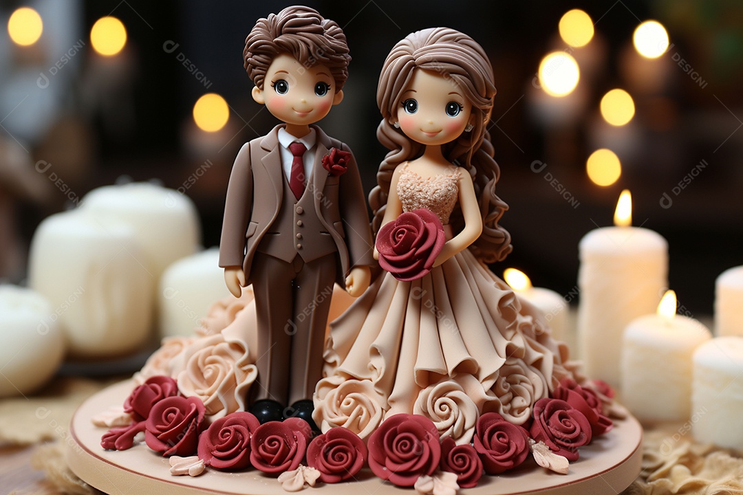 Figuras dos noivos em um bolo de casamento