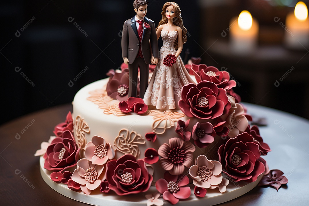 Figuras dos noivos em um bolo de casamento