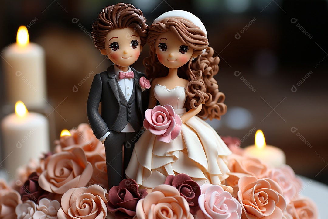 Figuras dos noivos em um bolo de casamento