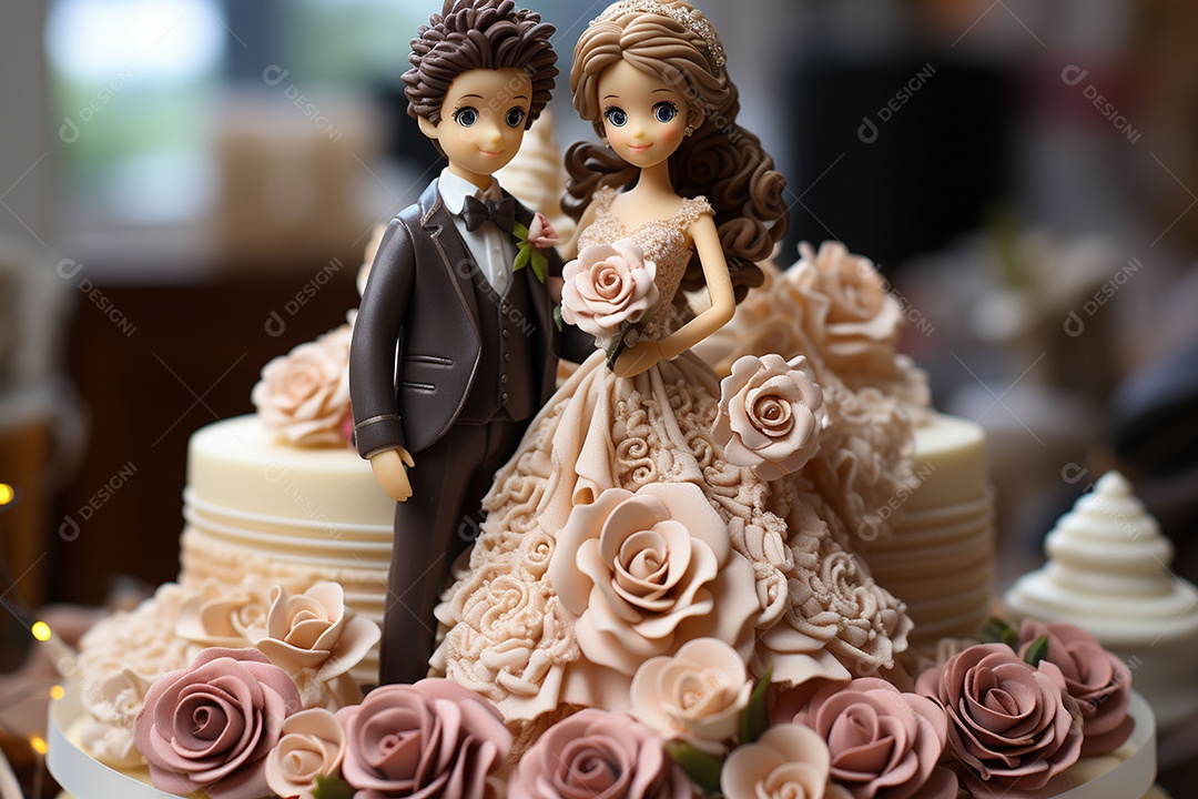 Figuras dos noivos em um bolo de casamento