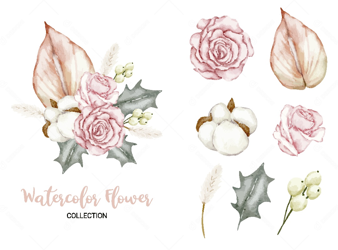 Conjunto de Flores em Aquarela Ilustração Vetor EPS
