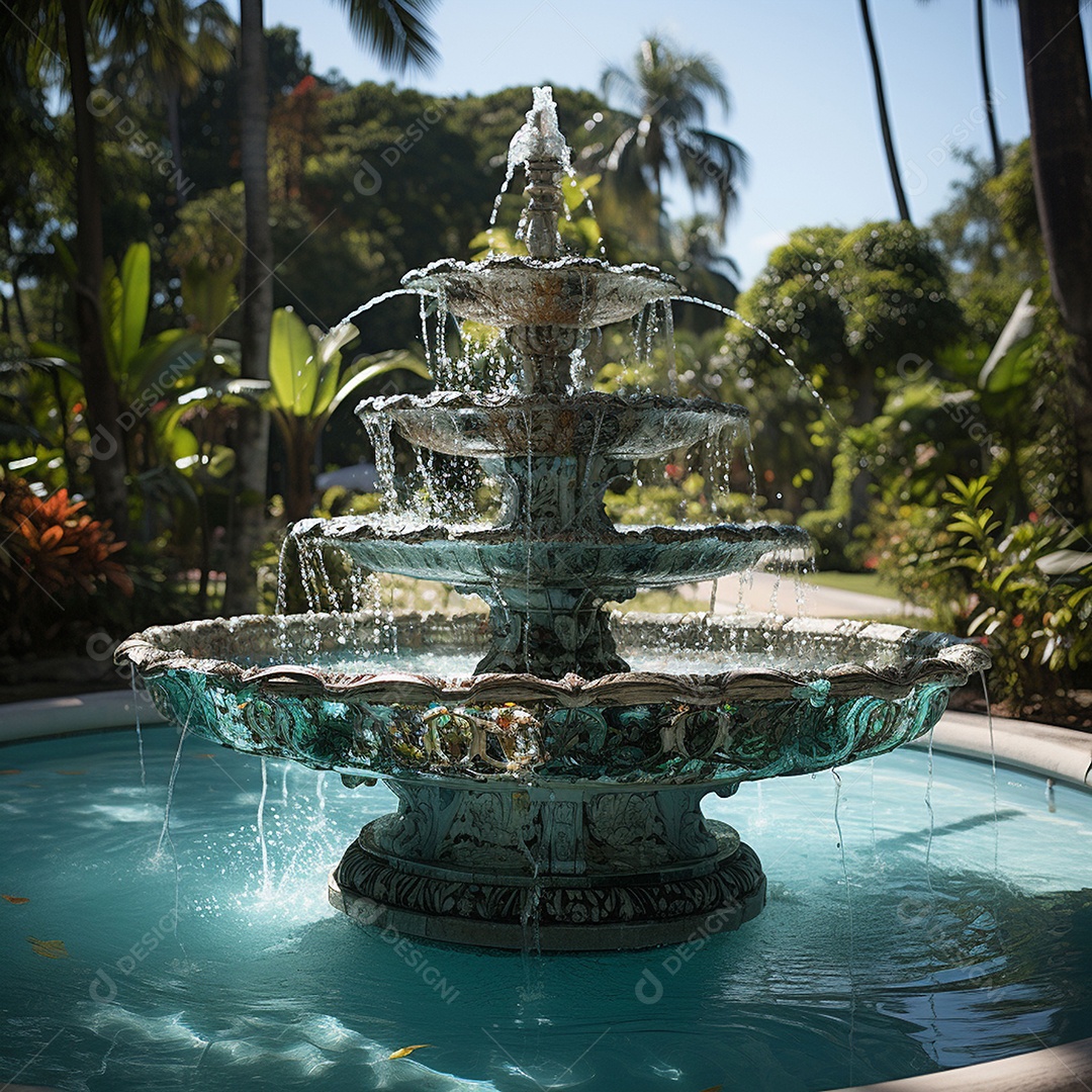 Fonte no jardim com fundo de céu azul