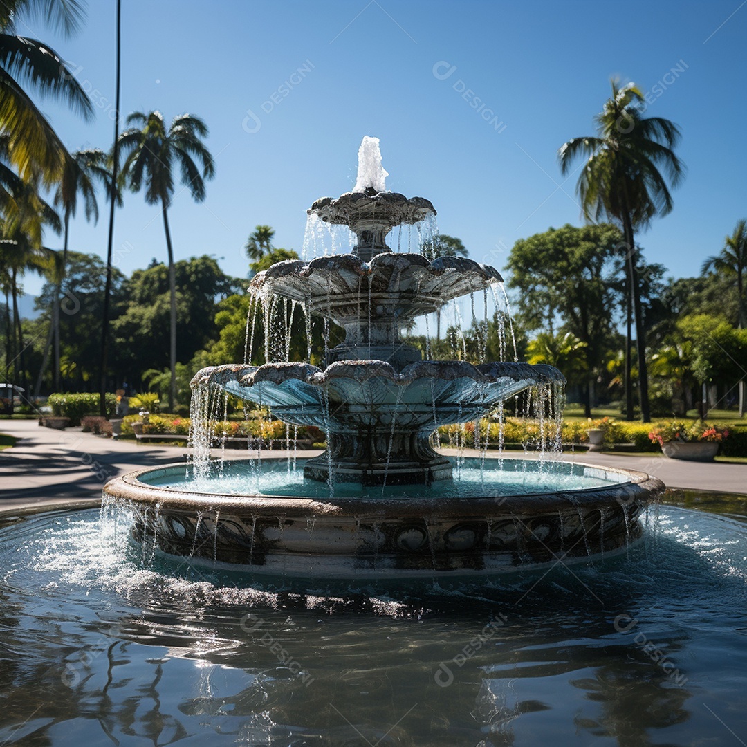 Fonte no jardim com fundo de céu azul