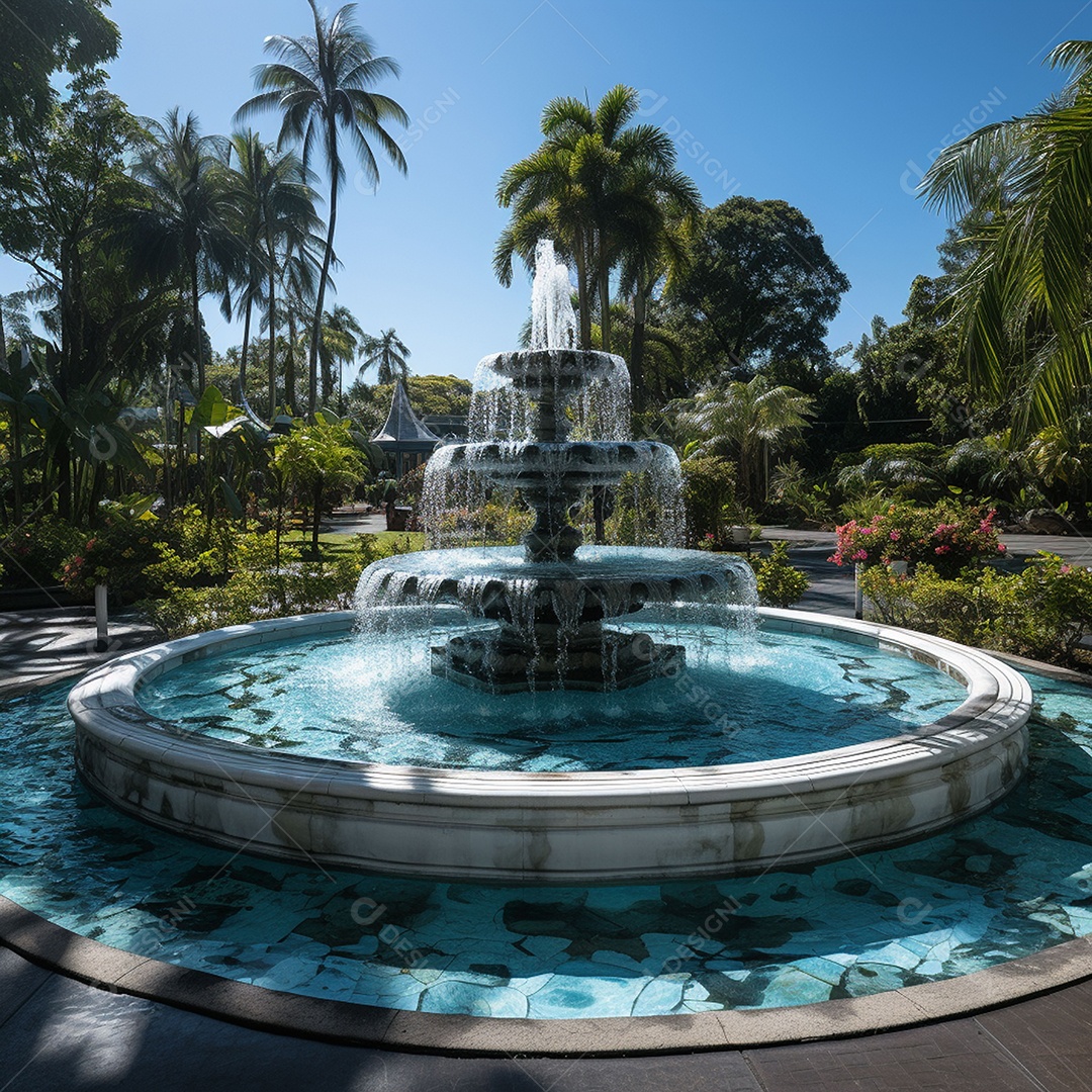 Fonte no jardim com fundo de céu azul