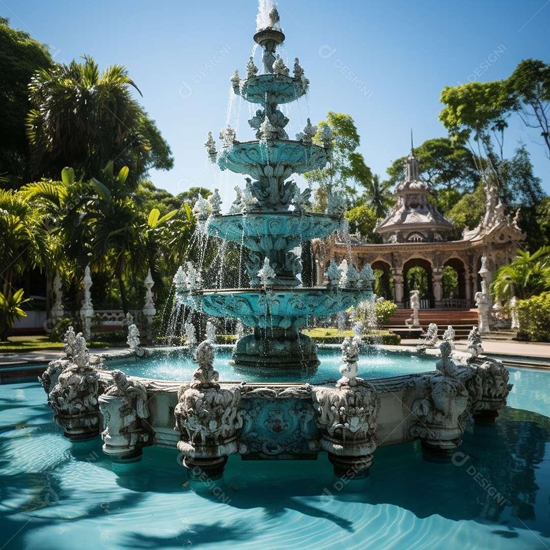 Fonte no jardim com fundo de céu azul
