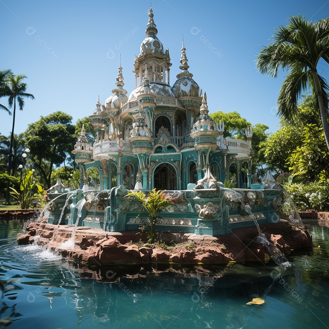 Fonte no jardim com fundo de céu azul