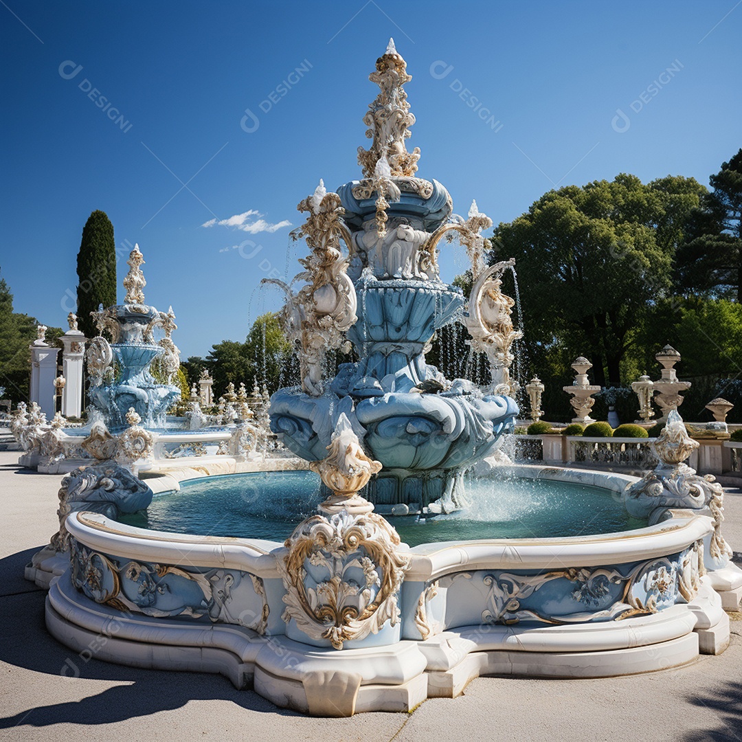 Fonte no jardim com fundo de céu azul