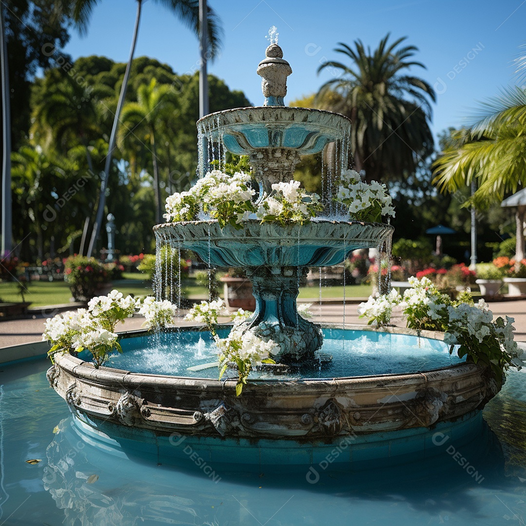 Fonte no jardim com fundo de céu azul