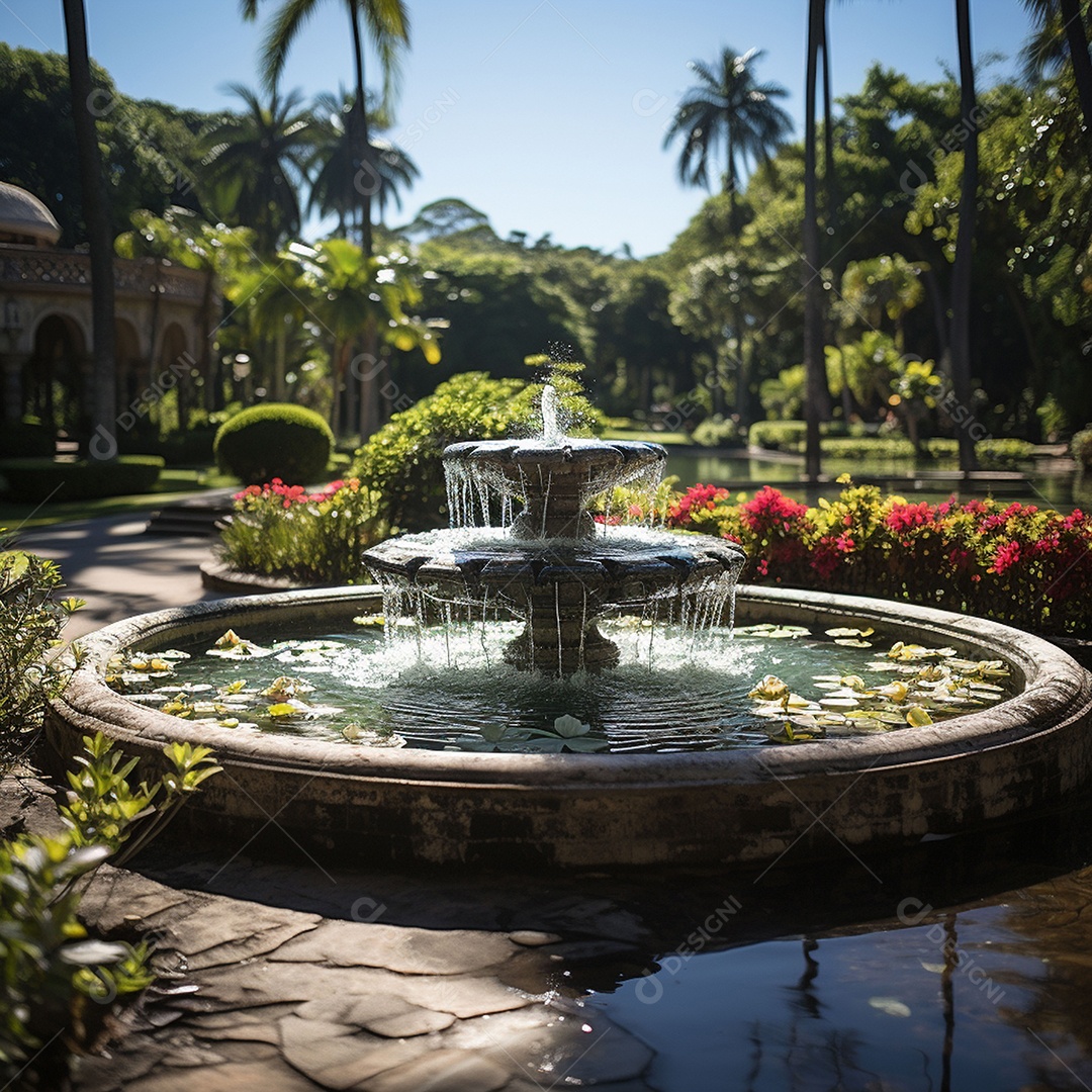 Fonte no jardim com fundo de céu azul