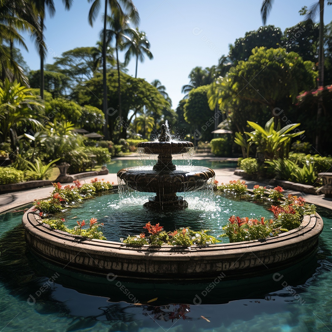 Fonte no jardim com fundo de céu azul