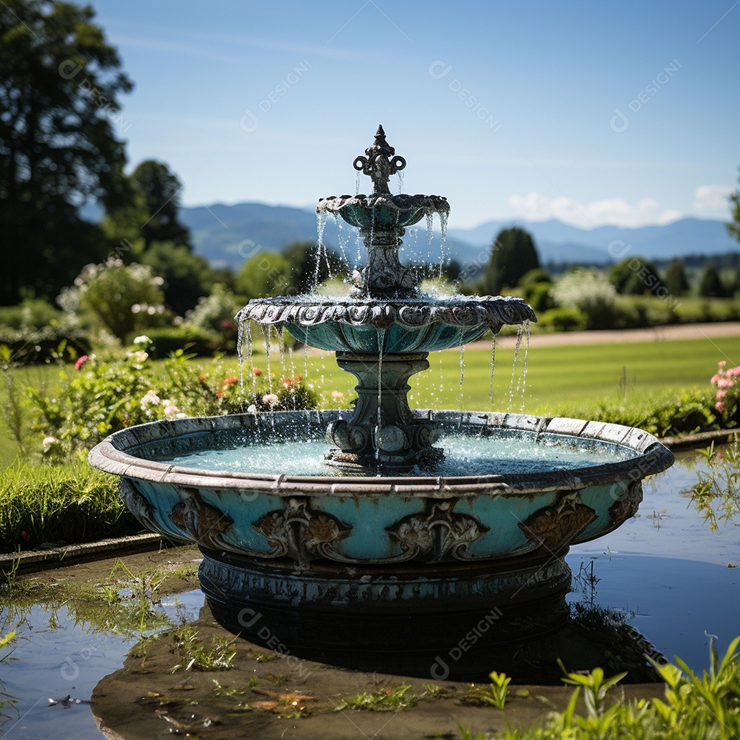 Fonte no jardim com fundo de céu azul