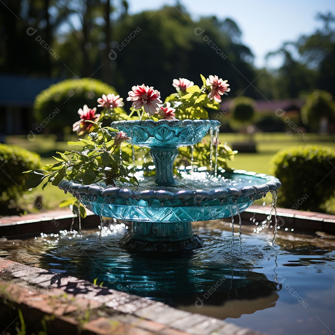 Fonte no jardim com fundo de céu azul