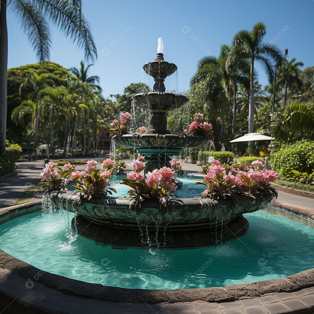 Fonte no jardim com fundo de céu azul