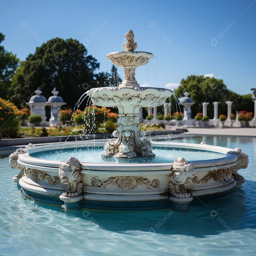 Fonte no jardim com fundo de céu azul
