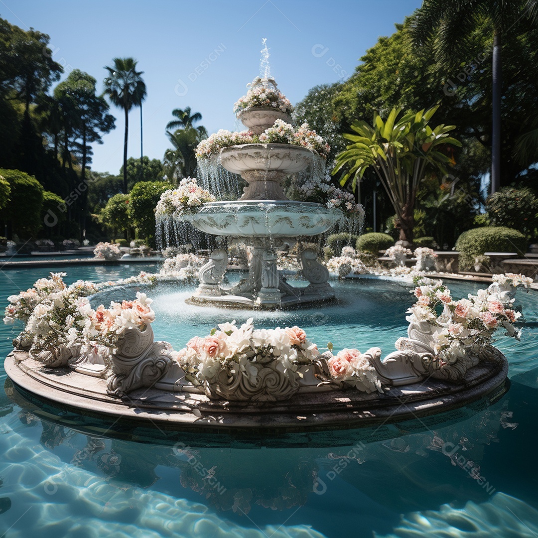 Fonte no jardim com fundo de céu azul