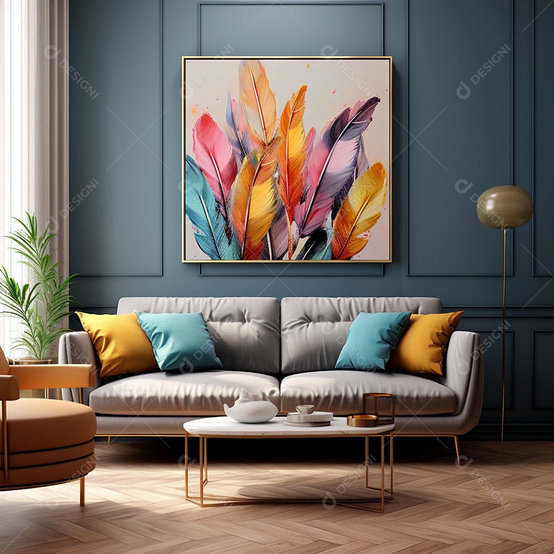 Arte de parede em tela emoldurada colorida sob uma sala de estar