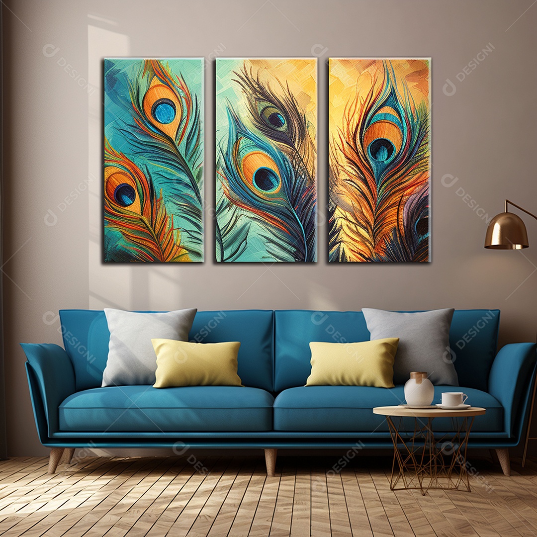 Arte de parede em tela emoldurada colorida sob uma sala de estar