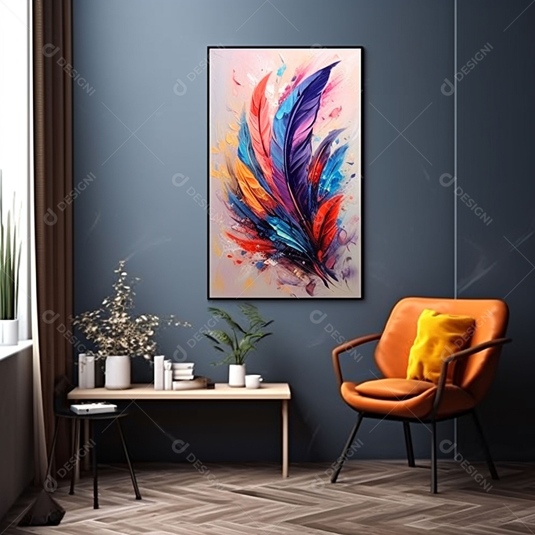 Arte de parede em tela emoldurada colorida sob uma sala de estar