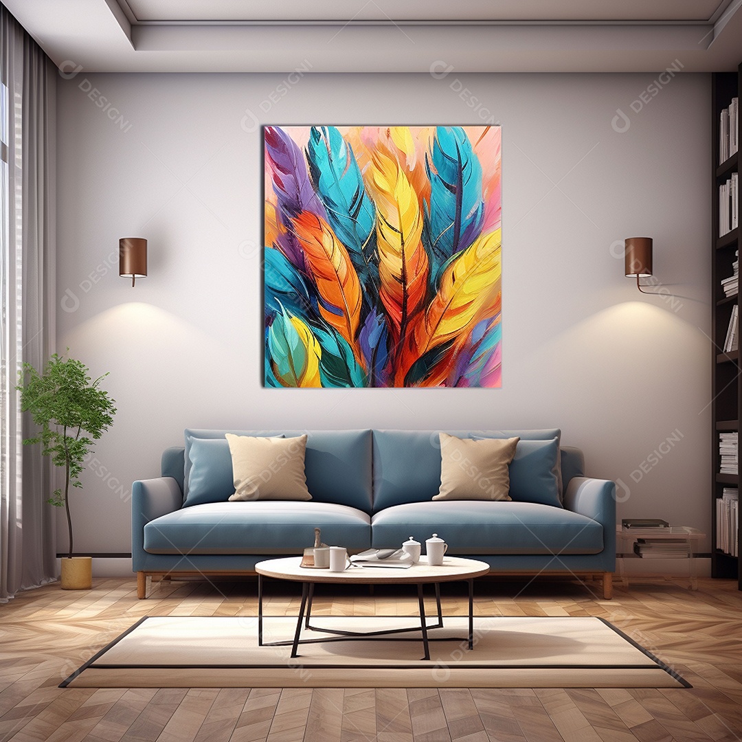 Arte de parede em tela emoldurada colorida sob uma sala de estar