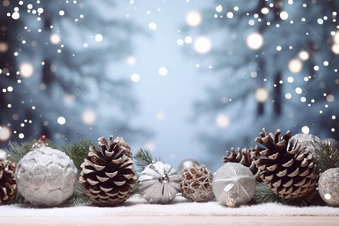 Saudações e decorações de feliz Natal bolas e pinheiros