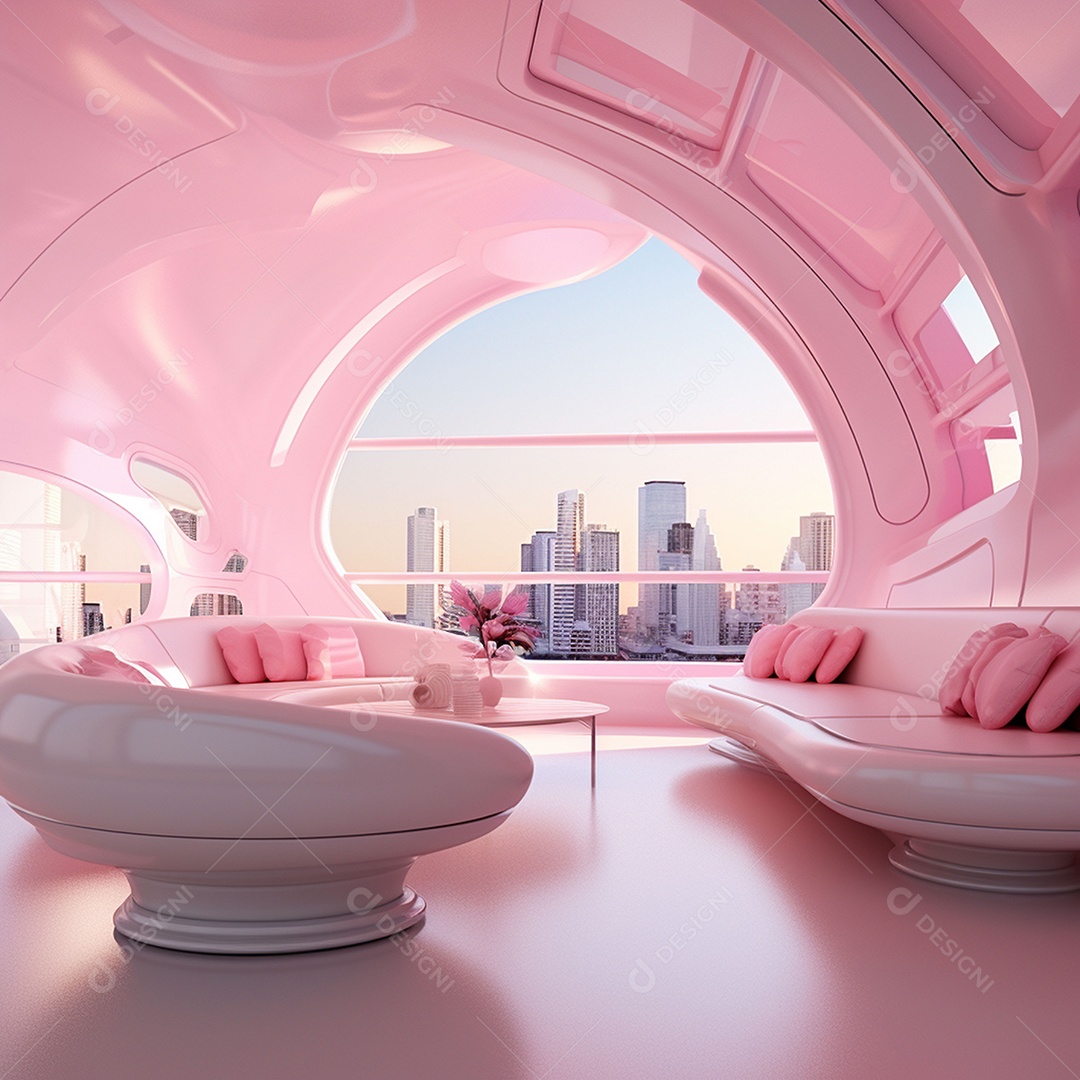 Design de interiores futurista com tons rosa bebê brilhantes