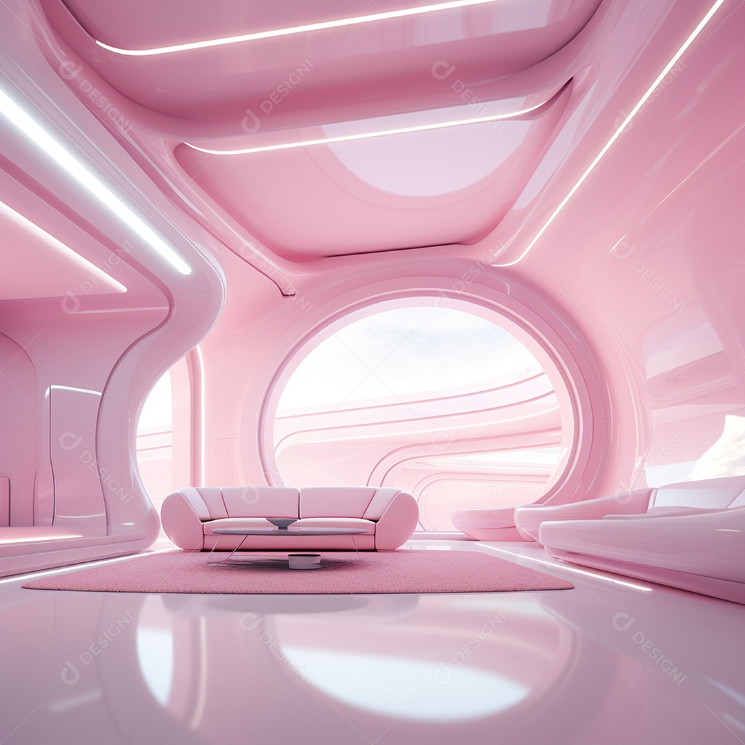 Design de interiores futurista com tons rosa bebê brilhantes