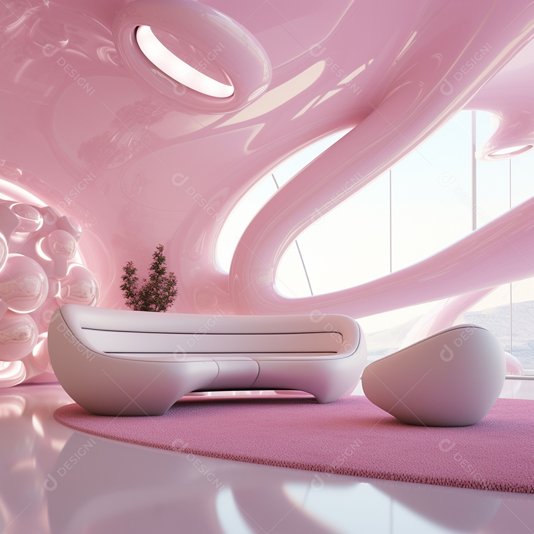 Design de interiores futurista com tons rosa bebê brilhantes