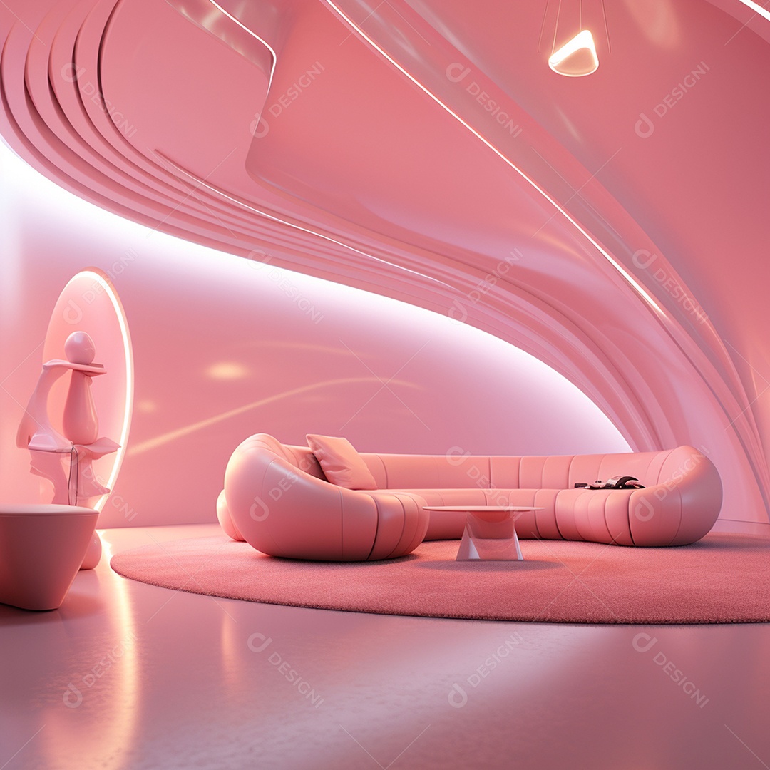 Design de interiores futurista com tons rosa bebê brilhantes