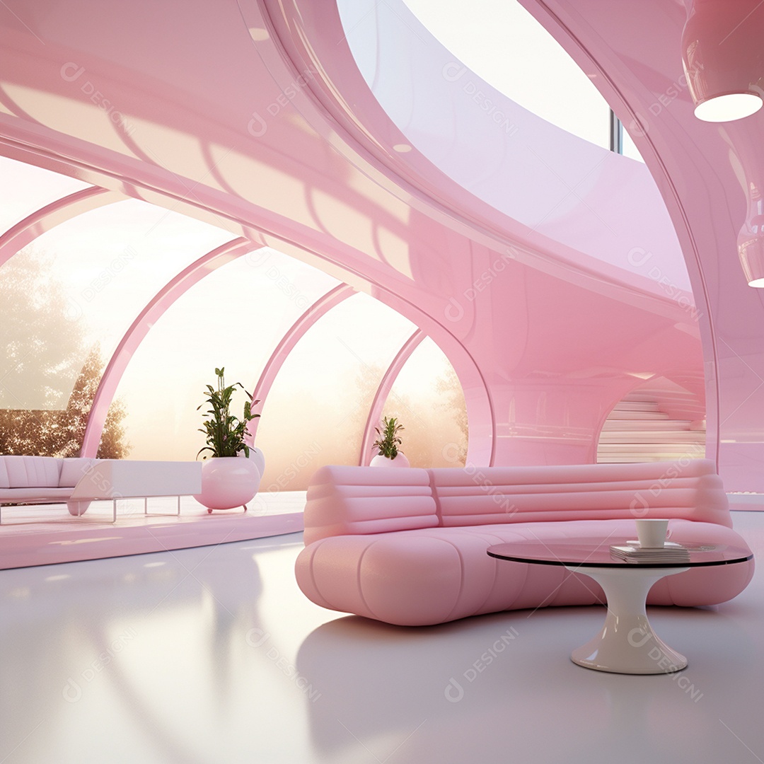 Design de interiores futurista com tons rosa bebê brilhantes