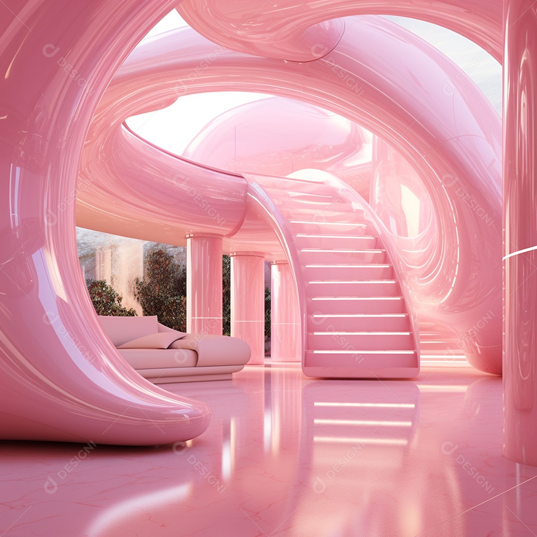 Design de interiores futurista com tons rosa bebê brilhantes