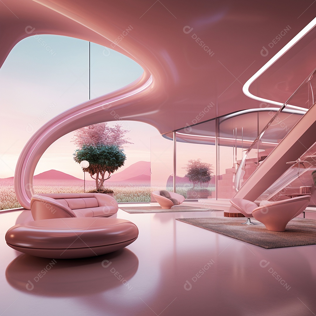 Design de interiores futurista com tons rosa bebê brilhantes
