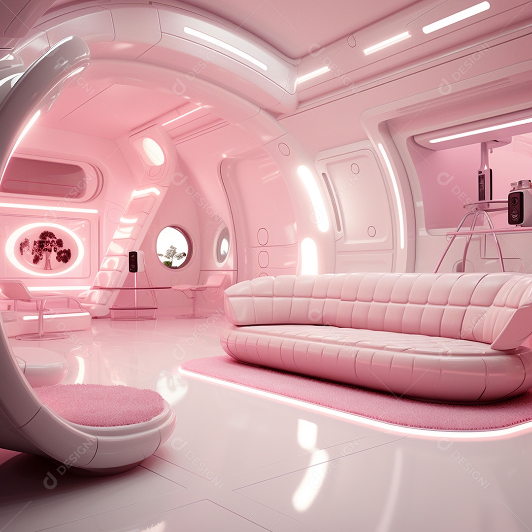 Design de interiores futurista com tons rosa bebê brilhantes