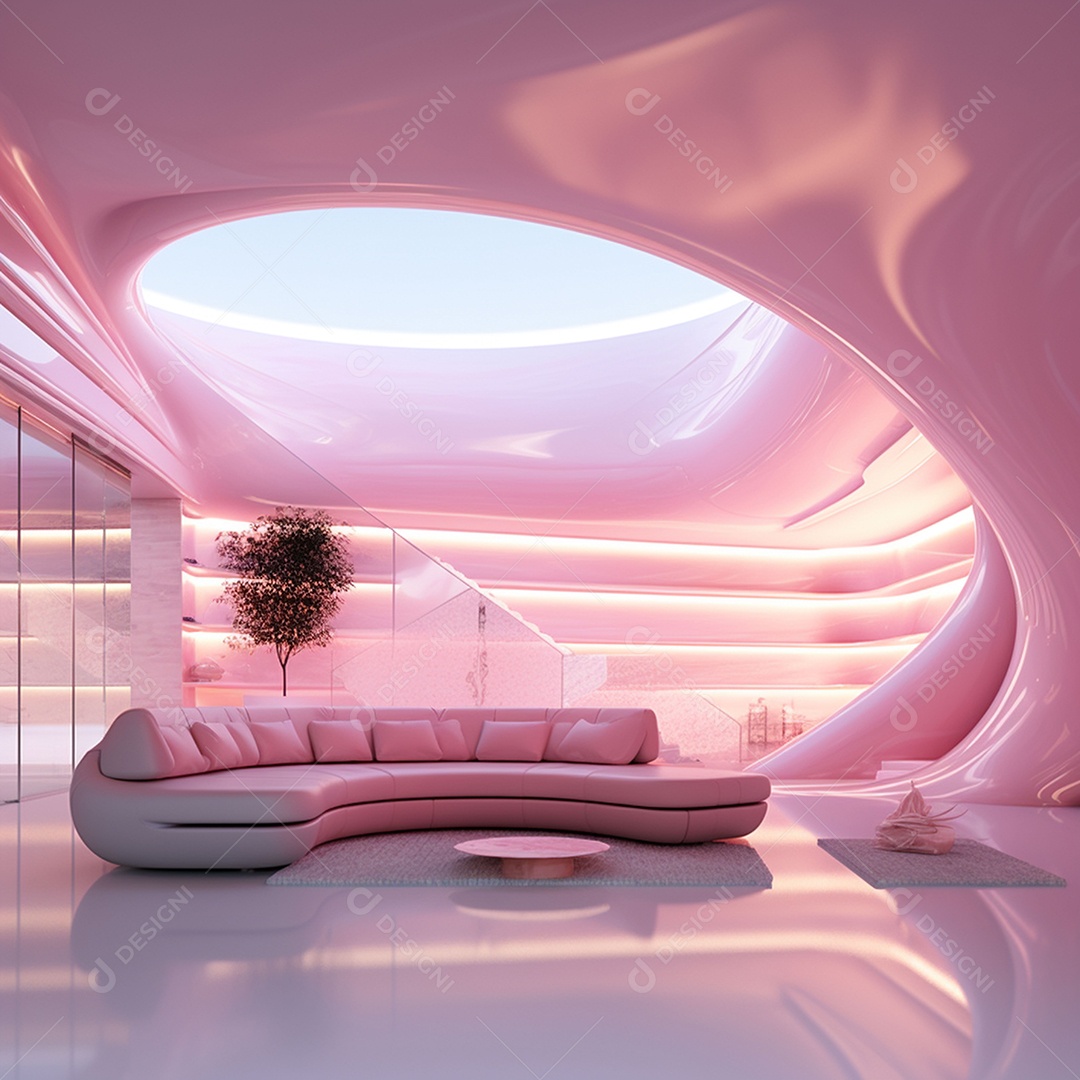 Design de interiores futurista com tons rosa bebê brilhantes