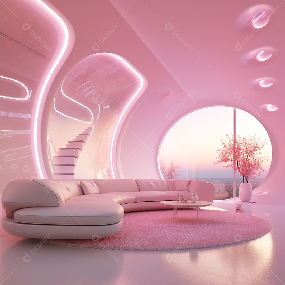 Design de interiores futurista com tons rosa bebê brilhantes