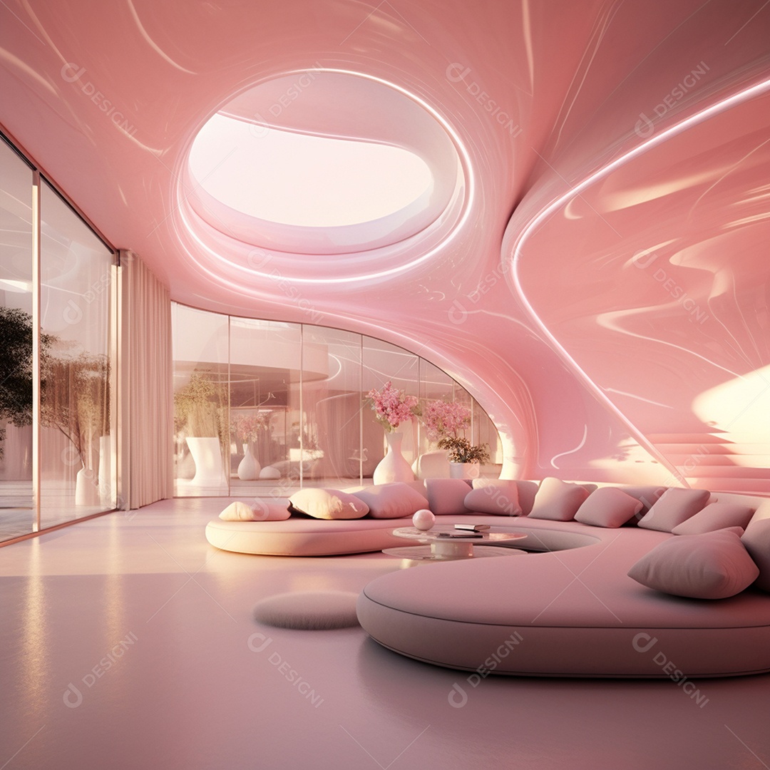 Design de interiores futurista com tons rosa bebê brilhantes