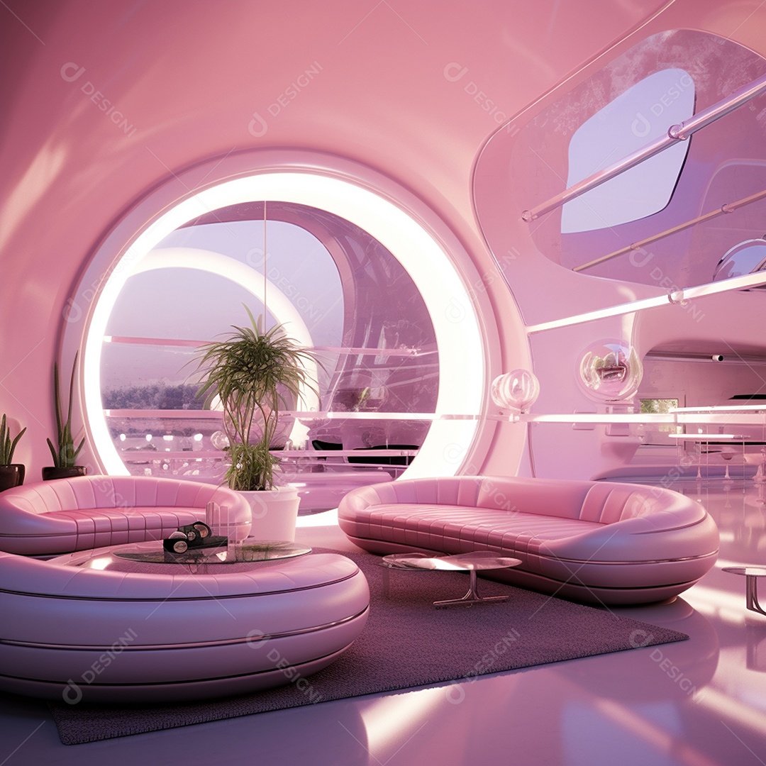 Design de interiores futurista com tons rosa bebê brilhantes