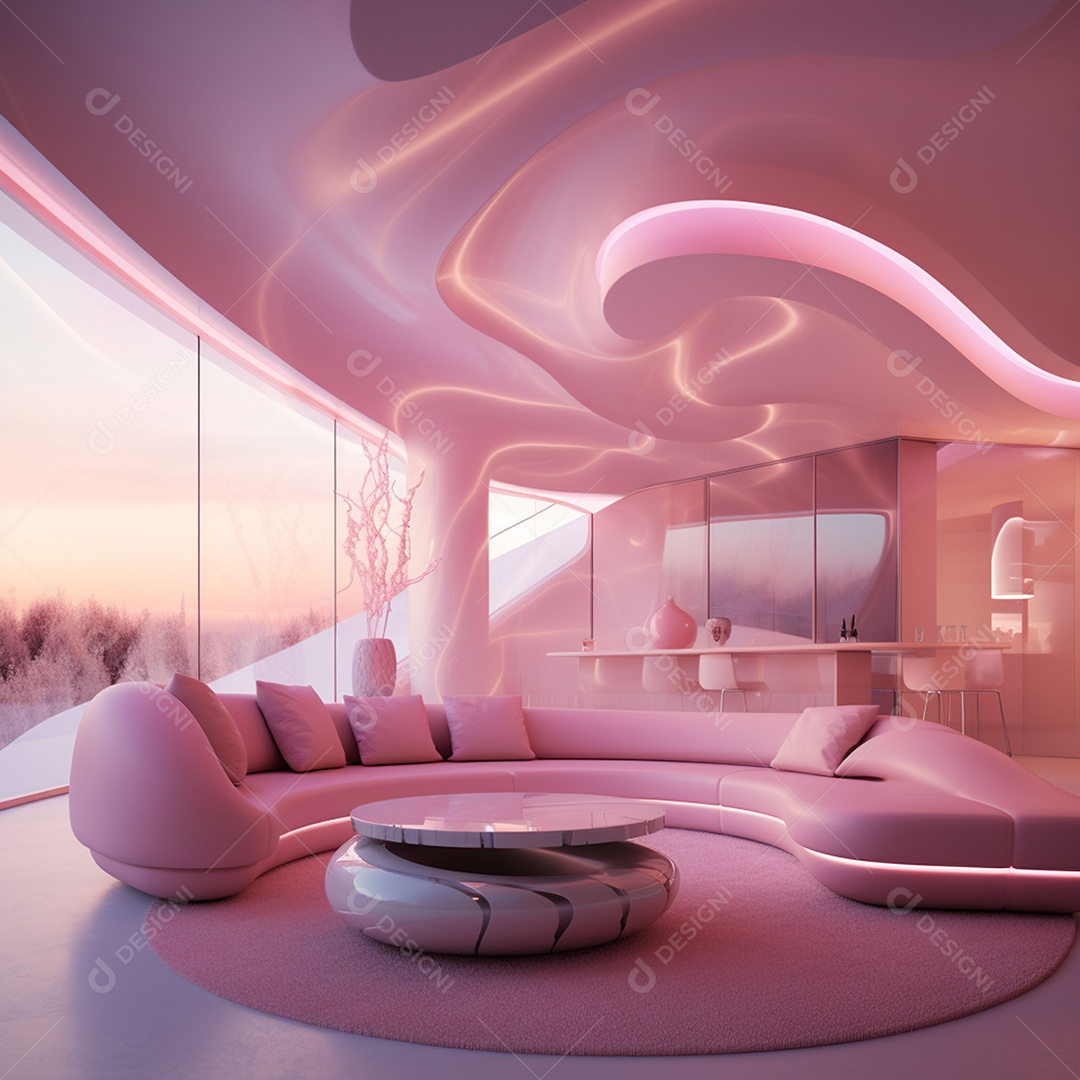 Design de interiores futurista com tons rosa bebê brilhantes
