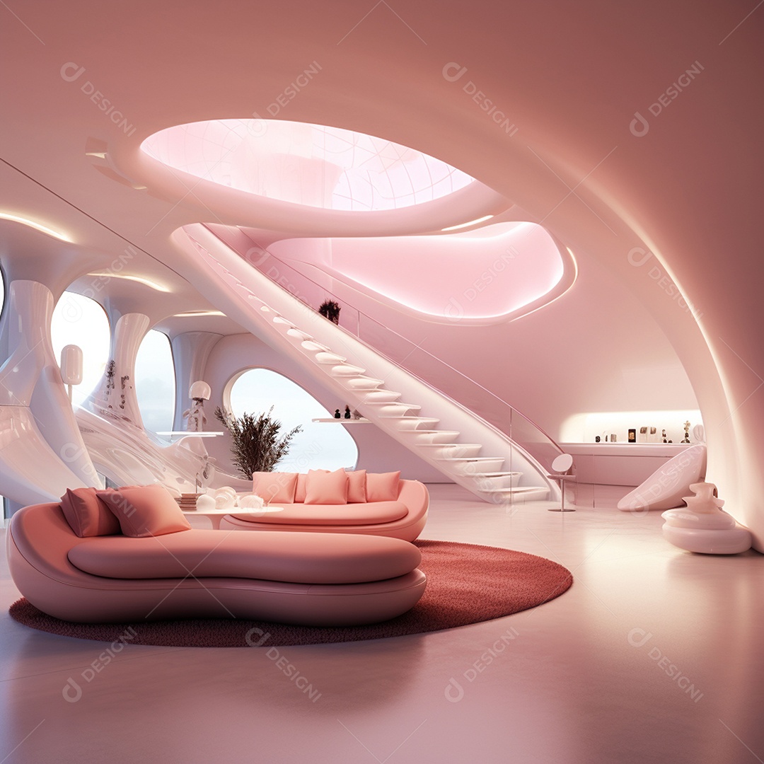 Design de interiores futurista com tons rosa bebê brilhantes
