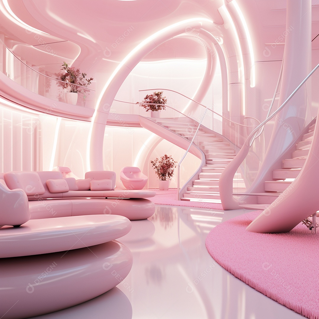 Design de interiores futurista com tons rosa bebê brilhantes