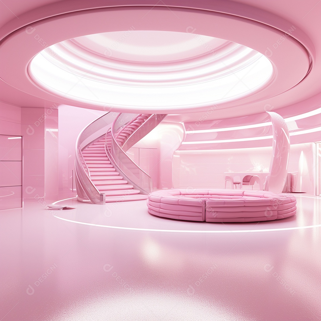 Design de interiores futurista com tons rosa bebê brilhantes