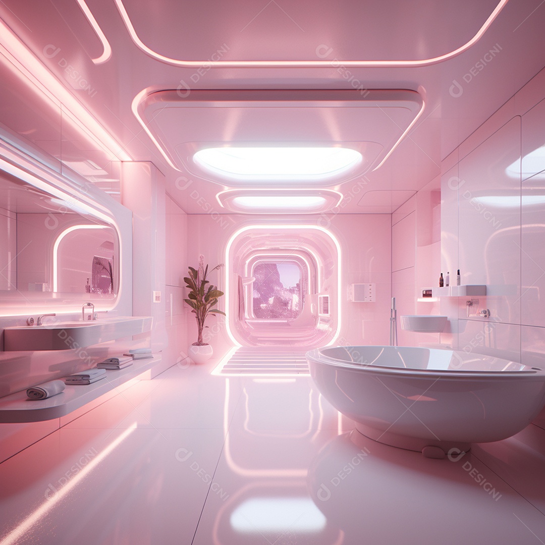 Design de interiores futurista com tons rosa bebê brilhantes