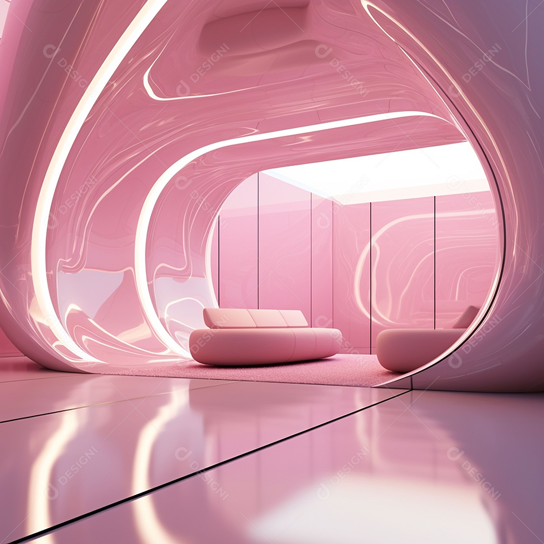 Design de interiores futurista com tons rosa bebê brilhantes