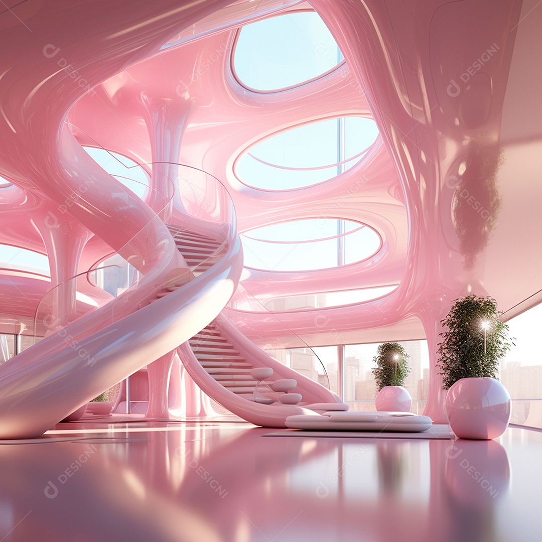 Design de interiores futurista com tons rosa bebê brilhantes