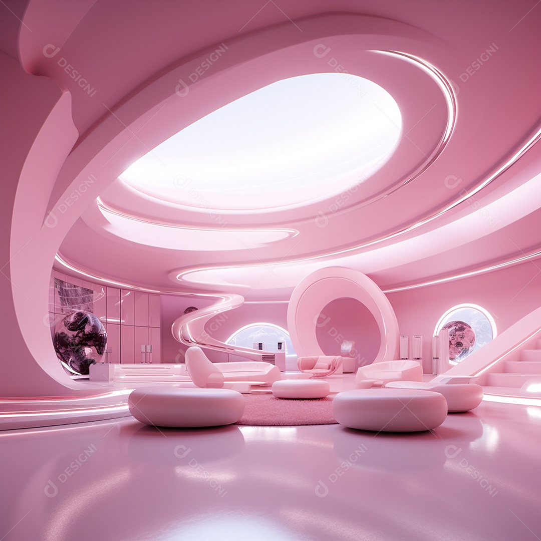 Design de interiores futurista com tons rosa bebê brilhantes