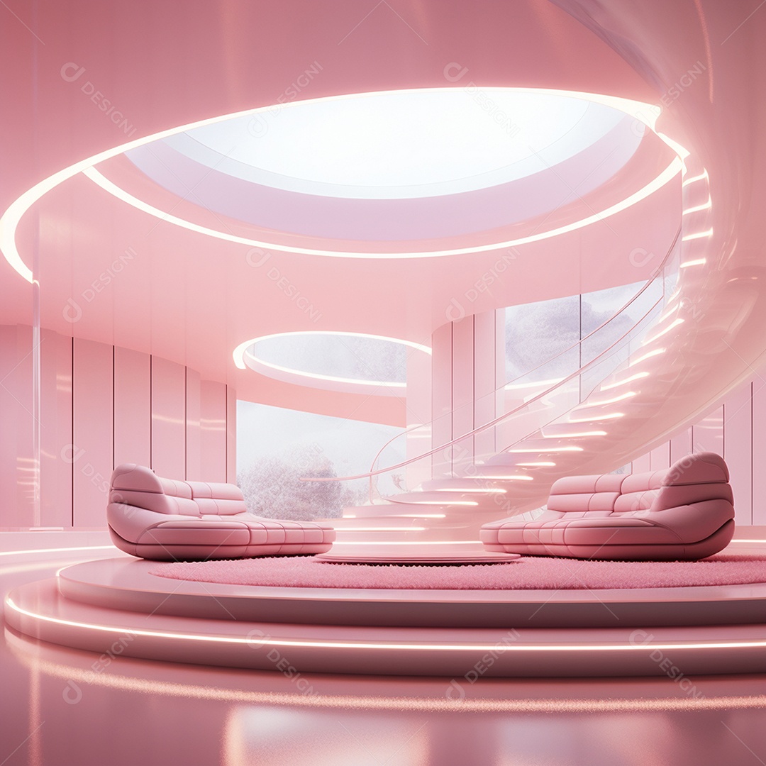 Design de interiores futurista com tons rosa bebê brilhantes