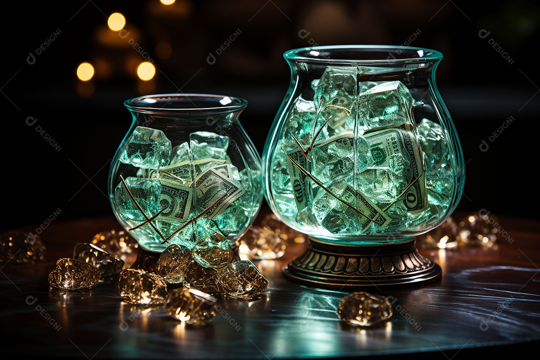 Símbolos de dólar de vidro contra fundo escuro