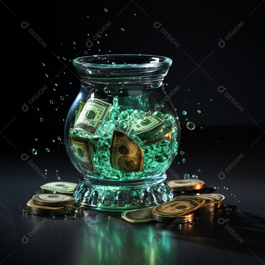 Vidro feito com cifrão contra fundo escuro