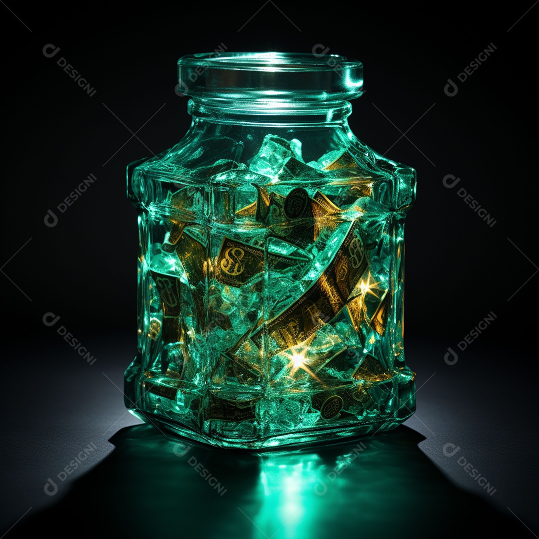 Vidro feito com cifrão contra fundo escuro